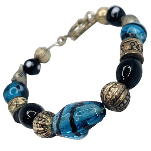 Vintage Blue Glass 925 Sterling Silver Bracelet 8" Toggle Clasp Signed - Picture 5 of 10